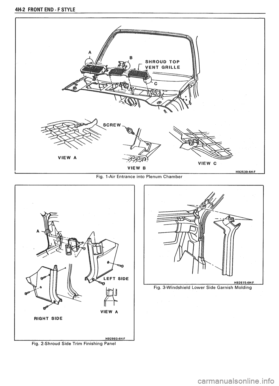 PONTIAC FIERO 1988  Service Repair Manual 
4H-2 FRONT END - F STYLE 
Fig. I-Air  Entrance  into Plenum Chamber 
Fig.  3-Windshield  Lower Side Garnish  Molding 
Fig.  2-Shroud  Side Trim  Finishing  Panel   