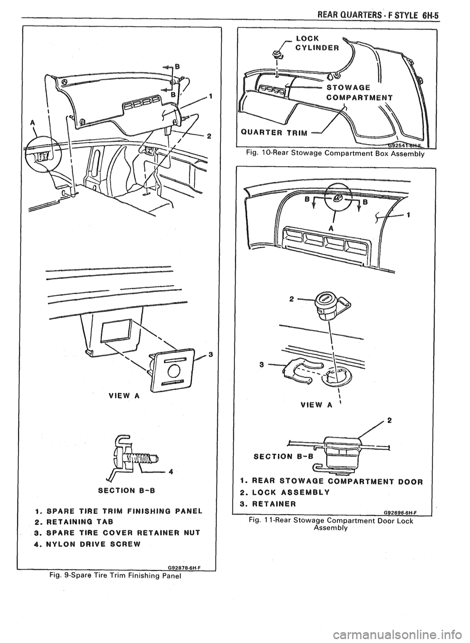 PONTIAC FIERO 1988  Service Repair Manual 
VlEW A 
I 
SECTION B-B 
I 1. SPARE TlRE TRIM FINISHING PANEL 
2. RETAINING TAB 
3. SPARE TlRE COVER RETAINER  NUT 
4. NYLON DRIVE SCREW 
REAR QUARTERS - F STYLE 6W-5 
COMPART MENT 
UARTER TRIM 
I VlE