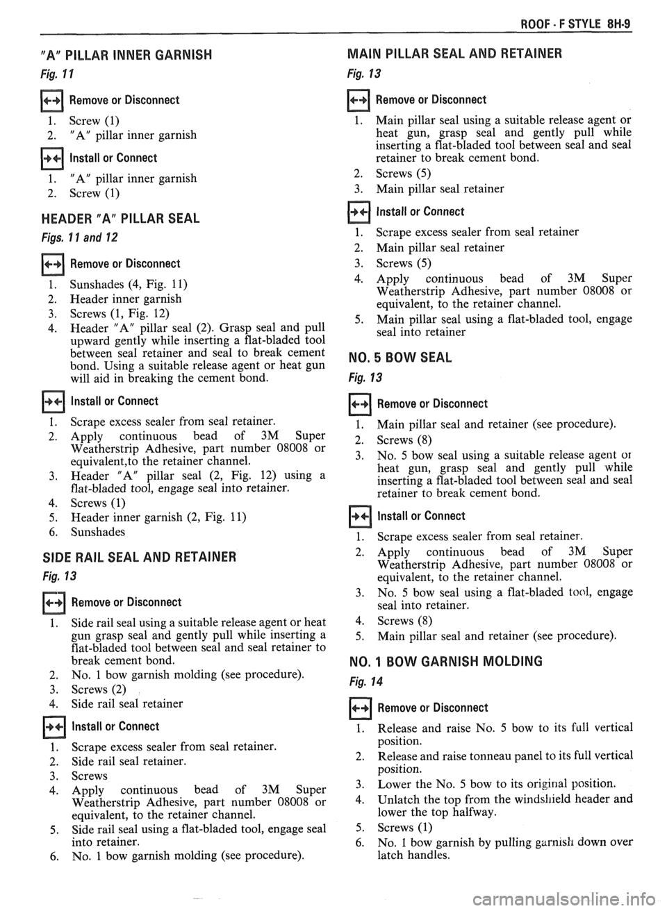 PONTIAC FIERO 1988  Service Repair Manual 
ROOF - F STYLE 8H-9 
"A" PILLAR  INNER GARNISH 
Fig. 1 Y 
Remove or Disconnect 
1.  Screw  (1) 
2.  "A"  pillar  inner  garnish 
Install  or Connect 
1. "A" pillar  inner garnish 
2.  Screw 
(1) 
HEA