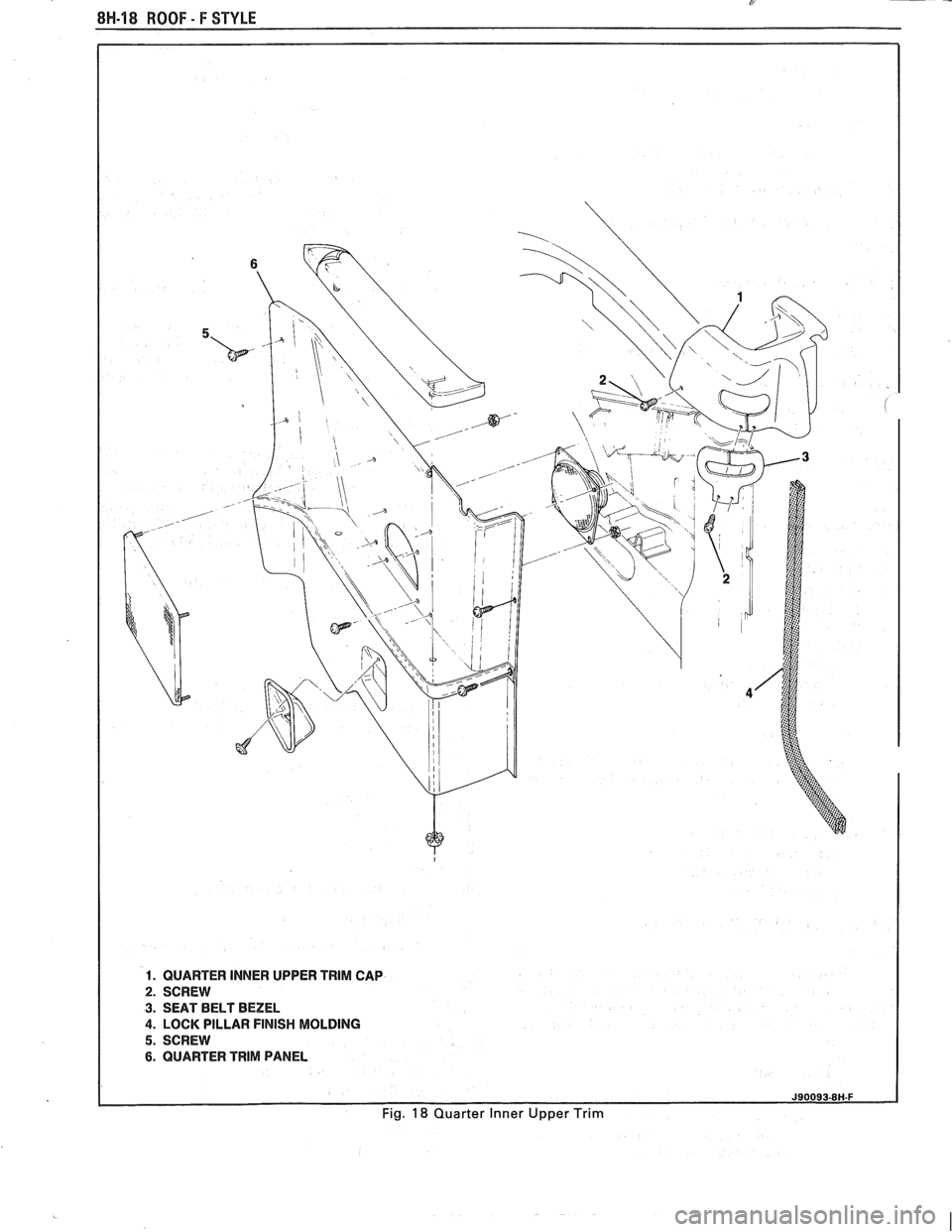 PONTIAC FIERO 1988  Service Repair Manual 
8H-18 ROOF - F STYLE 
1. QUARTER  INNER  UPPER TRlM CAP 
2. SCREW 
3. SEAT  BELT BEZEL 
4. LOCK PILLAR FINISH MOLDING 
5. SCREW 
6. QUARTER TRlM PANEL 
Fig. 18 Quarter  Inner  Upper  Trim   