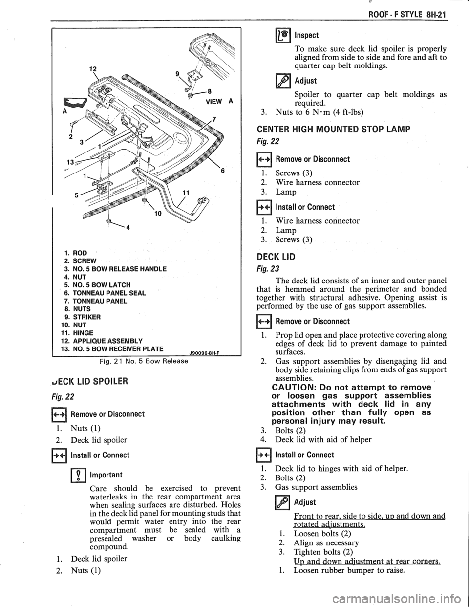 PONTIAC FIERO 1988  Service Repair Manual 
ROOF - f STYLE 8N-21 
1. ROD 
2. SCREW 
3. NO. 5 BOW RELEASE  HANDLE 
4. NUT 
5. NO. 5 BOW LATCH 
6. TONNEAU  PANEL SEAL 
7. TONNEAU  PANEL 
8. NUTS 
9. STRIKER 
10. NUT 
11. HINGE 
12. APPLIQUE  ASS