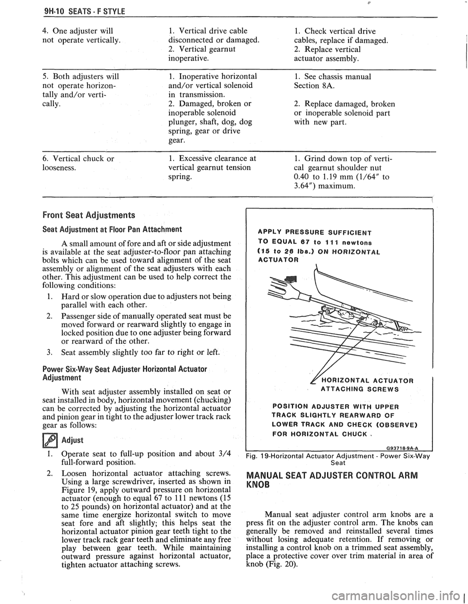 PONTIAC FIERO 1988  Service Repair Manual 
8 
9H-10 SEATS - F STYLE 
4. One  adjuster  will  1. Vertical  drive  cable  1. Check  vertical  drive 
not  operate  vertically.  disconnected or damaged.  cables, replace  if damaged. 
2. Vertical