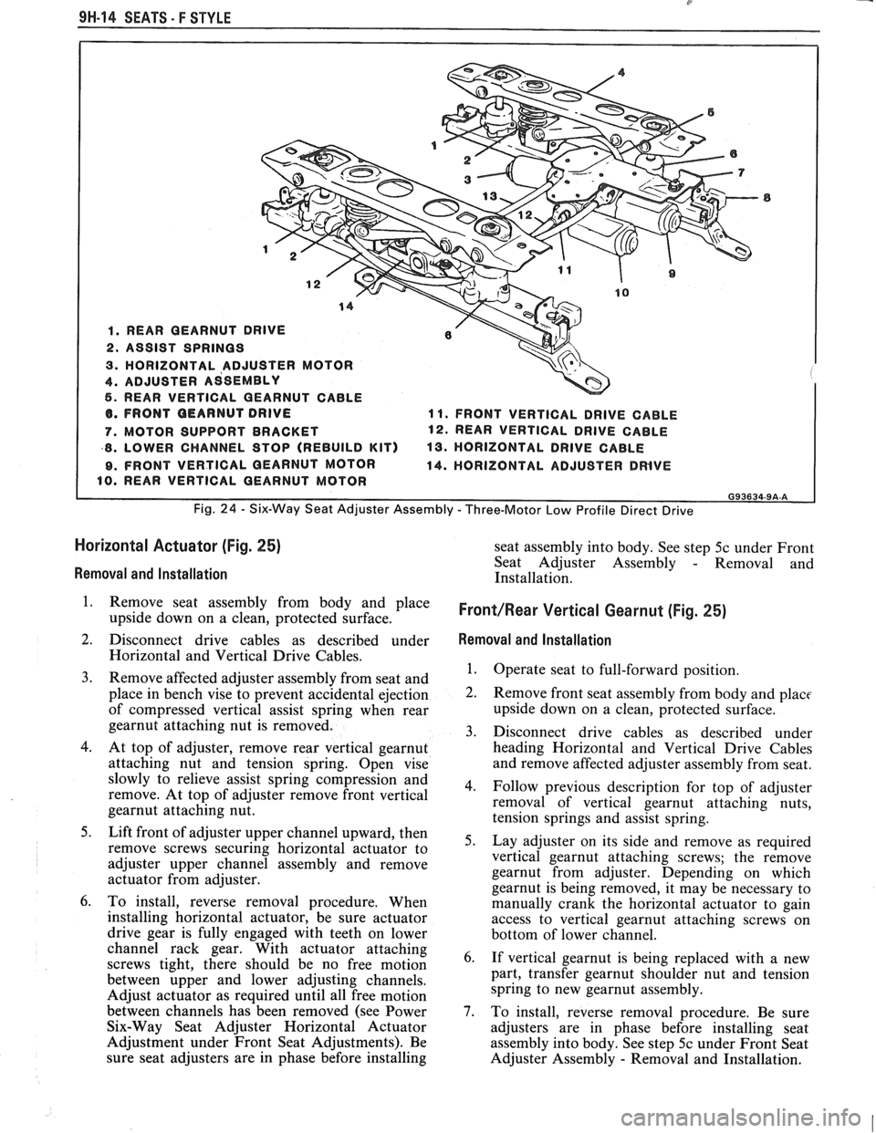 PONTIAC FIERO 1988  Service Repair Manual 
9H-14 SEATS - F STYLE 
8 
1. REAR GEARNUT DRIVE 
2. ASSIST  SPRINGS 
3. HORIZONTAL ADJUSTER MOTOR 
4. ADJUSTER  ASSEMBLY 
6. REAR VERTICAL GEARNUT CABLE 
d). FRONT OEARNUT DRIVE 11. FRONT  VERTICAL  