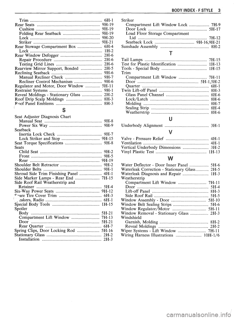 PONTIAC FIERO 1988  Service Repair Manual 
Trim ................................................................ 6H-1 
Rear Seats ....................................................... 9H-19 
Cushion .........................................