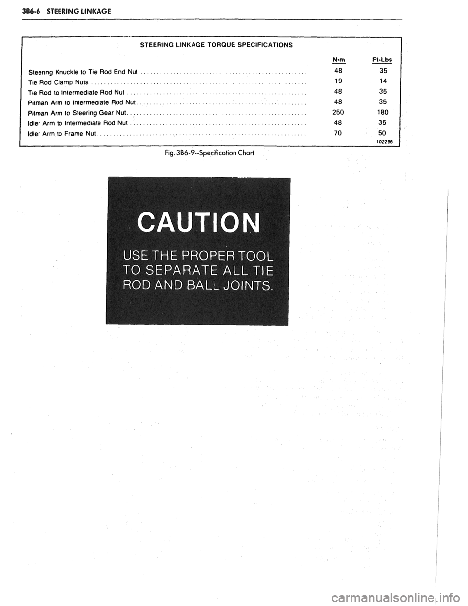 PONTIAC FIERO 1988  Service Repair Manual 
386-6 STEERING LINKAGE 
Steering Knuckle to  Tie Rod End  Nut ............................................ 
Tie Rod Clamp Nuts ............................................. .... 
Tie Rod to Intermedi