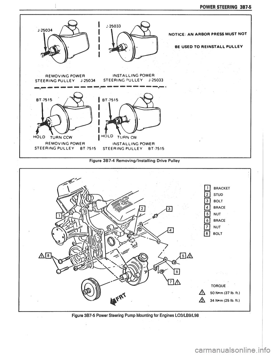 PONTIAC FIERO 1988  Service Repair Manual 
I POWER STEERING 387-5 
NOTICE: AN ARBOR  PRESS MUST NOT 
BE  USED  TO REINSTALL PULLEY 
REMOVING  POWER  INSTALLING POWER 
STEERING  PULLEY 
J.25034 STEERING DULLEY J.25033 
~,w~,~III.rw-Ilr-.-lll.l