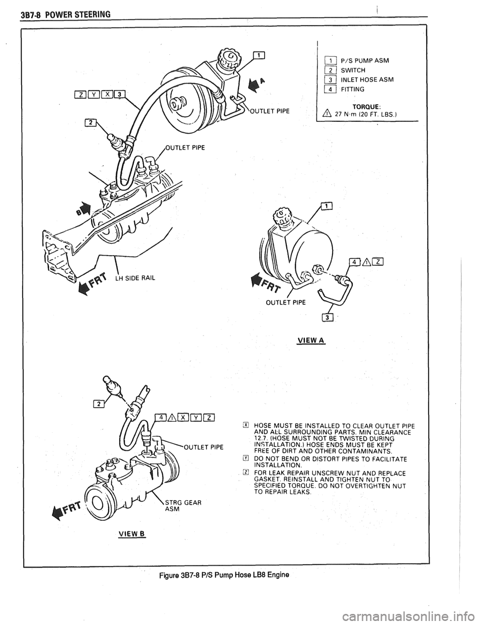 PONTIAC FIERO 1988  Service Repair Manual 
3B7-8 POWER STEERING I 
I 
OUTLET PlPE 
OUTLET  PlPE 
VlEW A 
OUTLET PlPE  HOSE 
MUST  BE INSTALLED  TO CLEAR  OUTLET  PlPE 
AND  ALL  SURROUNDING  PARTS. MIN CLEARANCE 
12.7 (HOSE  MUST NOT BE TWIST