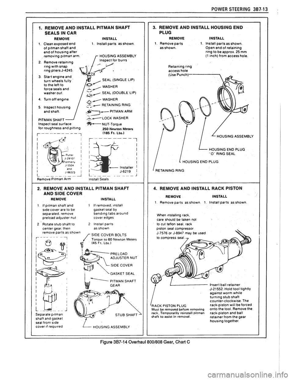 PONTIAC FIERO 1988  Service Repair Manual 
SEALS IN CAR 
1  Clean exposed end  1 Install  parts as shown  1  Remove parts  1 Install  parts as shown of p~tman shaft  and  Open end of retalnlng end of houslng after rlng to 
be  approx  25 mm r