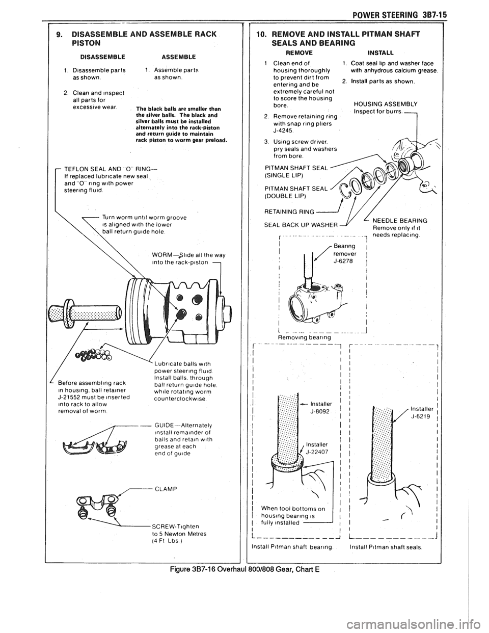 PONTIAC FIERO 1988  Service Repair Manual 
POWER STEERING 387-1 6 
7 1 1 9. DISASSEMBLE AND ASSEMBLE RACK 
1 PISTON 
I DISASSEMBLE  ASSEMBLE 
1 Disassemble parts 1 Assemble parts 
as  shown  as shown 
2 Clean  and Inspect all parts  for exces