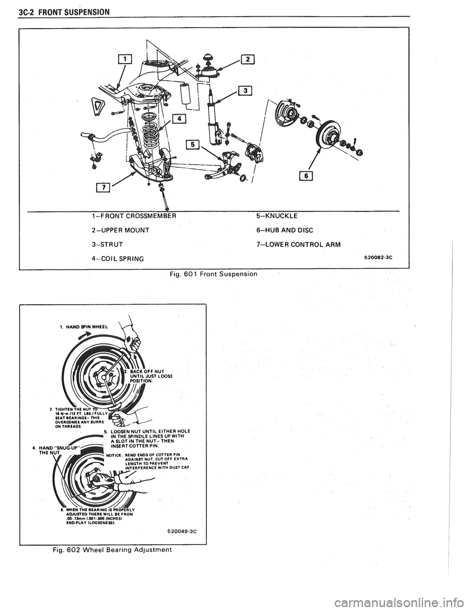 PONTIAC FIERO 1988  Service Repair Manual 
3C-2 FRONT SUSPENSION 
Y 1-FRONT CROSSMEMBER  5-KNUCKLE 
2-UPPER  MOUNT  6-HUB 
AND 
DISC 
3-STRUT  7-LOWER CONTROL  ARM I 
4-COIL SPRING 520082-3C I I Fig. 601 Front Suspension 
1. HAND SPIN WHEEL d