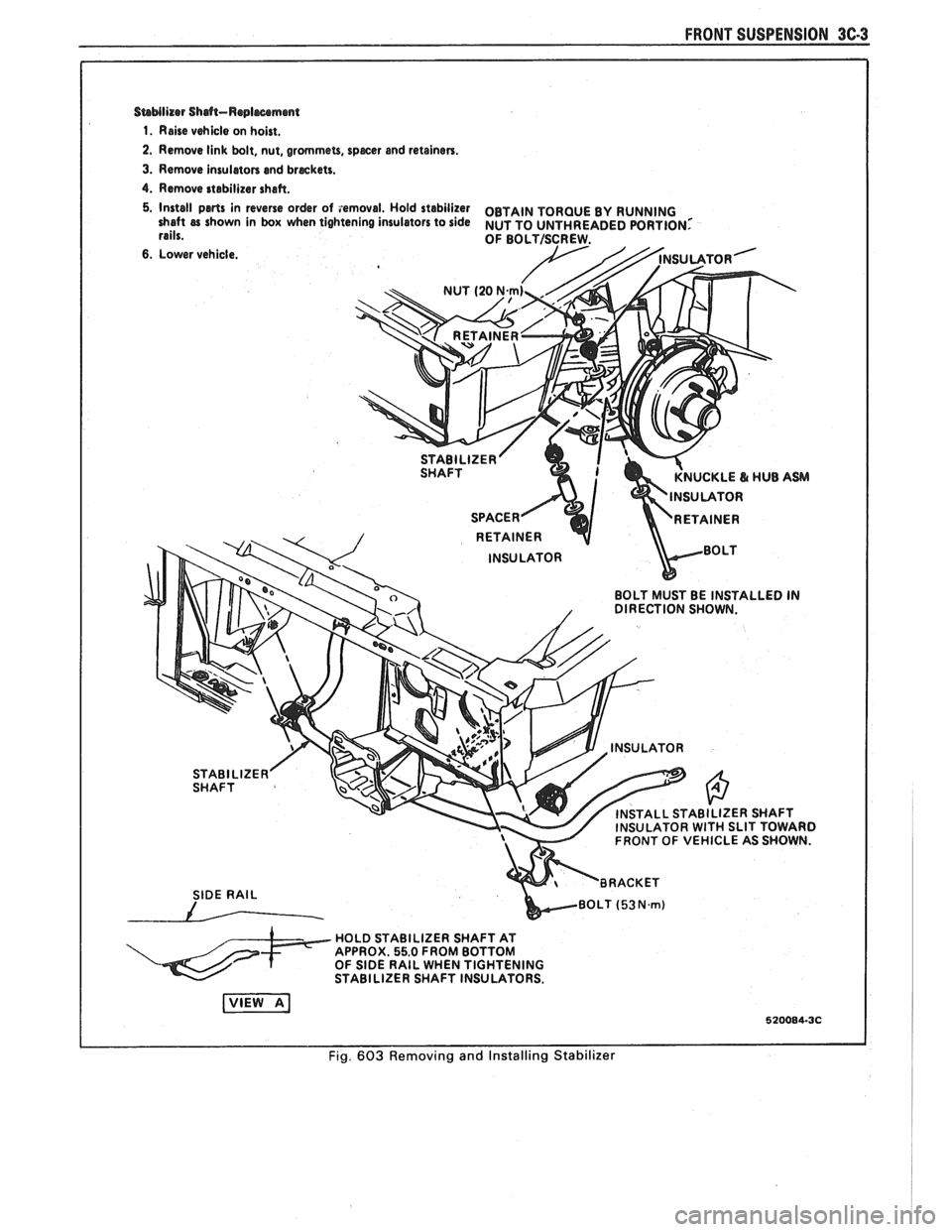 PONTIAC FIERO 1988  Service Repair Manual 
FRONT SUSPENSION 3C3 
SaMlizer Sh&-Replrcrmmt 
1. Rehe vehicle on hoist. 
2. Remove  link bolt,  nut,  grommets, specer and retainers. 
3. Remove insulators  end breckets. 
4. Remove stabilizer  shaf