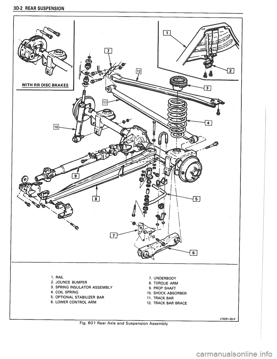 PONTIAC FIERO 1988  Service Repair Manual 
3D-2 REAR SUSPENSION 
1. RAIL 
2. JOUNCE  BUMPER 
3. SPRING  INSULATOR ASSEMBLY 
4, COIL SPRING 
5. OPTIONAL  STABILIZER  BAR 
6. LOWER CONTROL  ARM 
7. UNDERBODY 
8. TORQUE ARM 
9. PROP SHAFT 
10.  