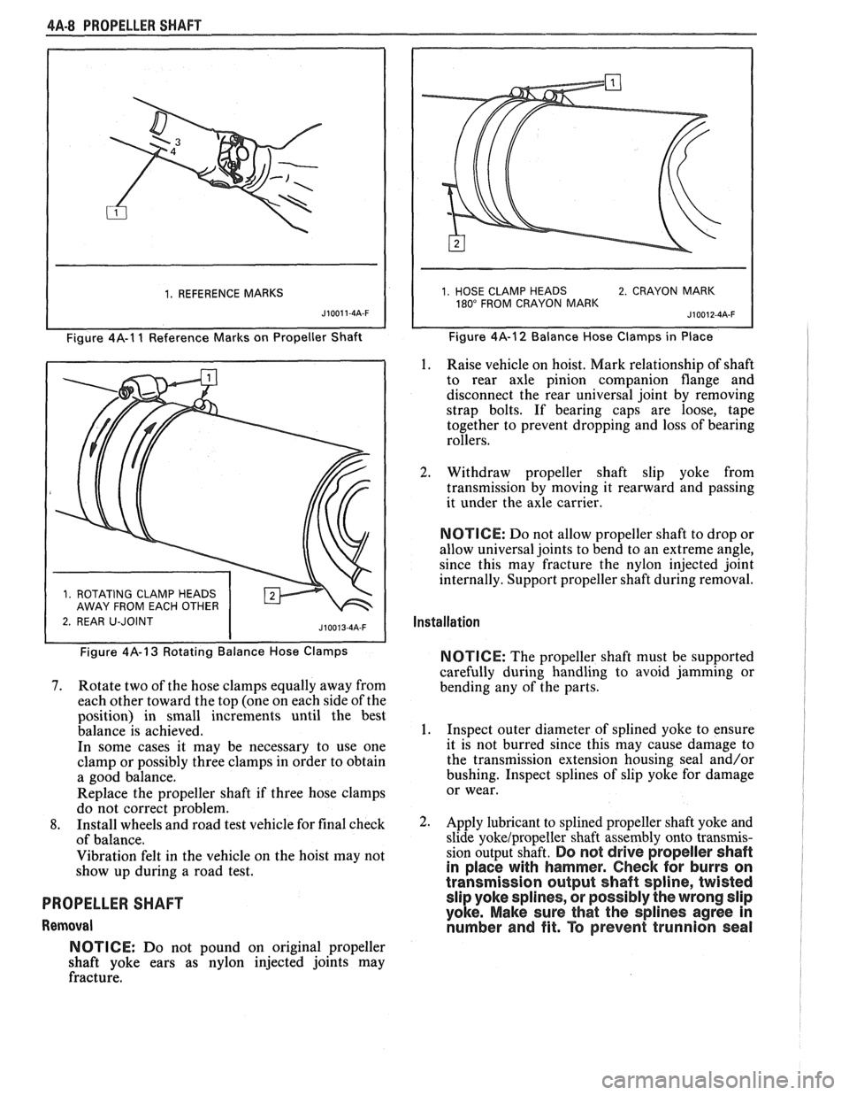 PONTIAC FIERO 1988  Service Repair Manual 
4A-8 PROPELLER SHAFT 
1. REFERENCE MARKS 
J10011-4A-F 
Figure 4A-1 1 Reference  Marks on Propeller  Shaft 
1 2. REAR U-JOINT 
1. HOSE  CLAMP  HEADS 2. CRAYON  MARK 180" FROM CRAYON  MARK 
Figure 4A-1