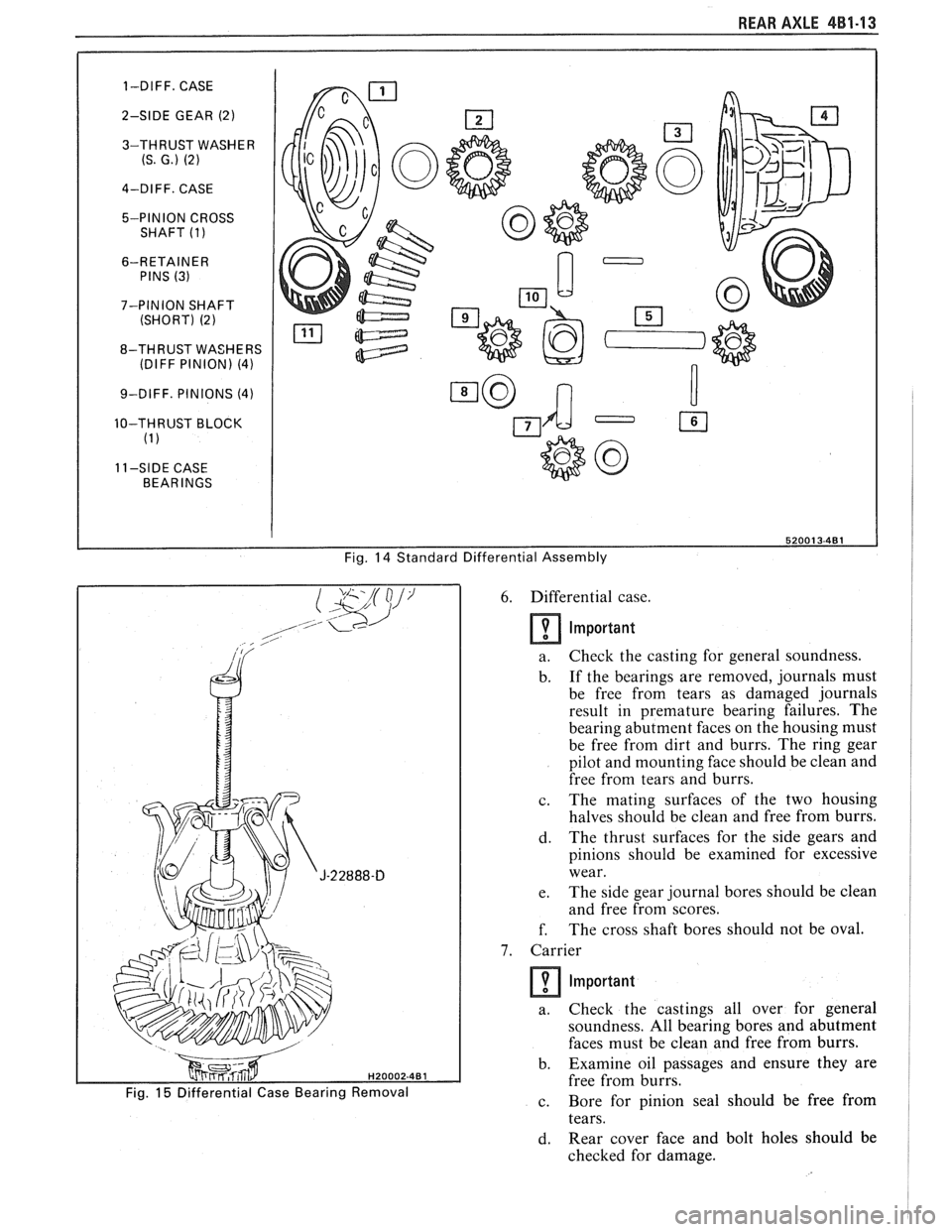 PONTIAC FIERO 1988  Service Repair Manual 
REAR AXLE 4B1-13 
1-DIFF. CASE 
2-SIDE  GEAR 
(2) 
3-THRUST  WASHER (S. G.) (2) 
4-DIFF. CASE 
5-PINION  CROSS 
SHAFT 
(1) 
6-RETAINER PINS (3) 
7-PINION  SHAFT 
(SHORT) (2) 
8-THRUST  WASHERS (DIFF 