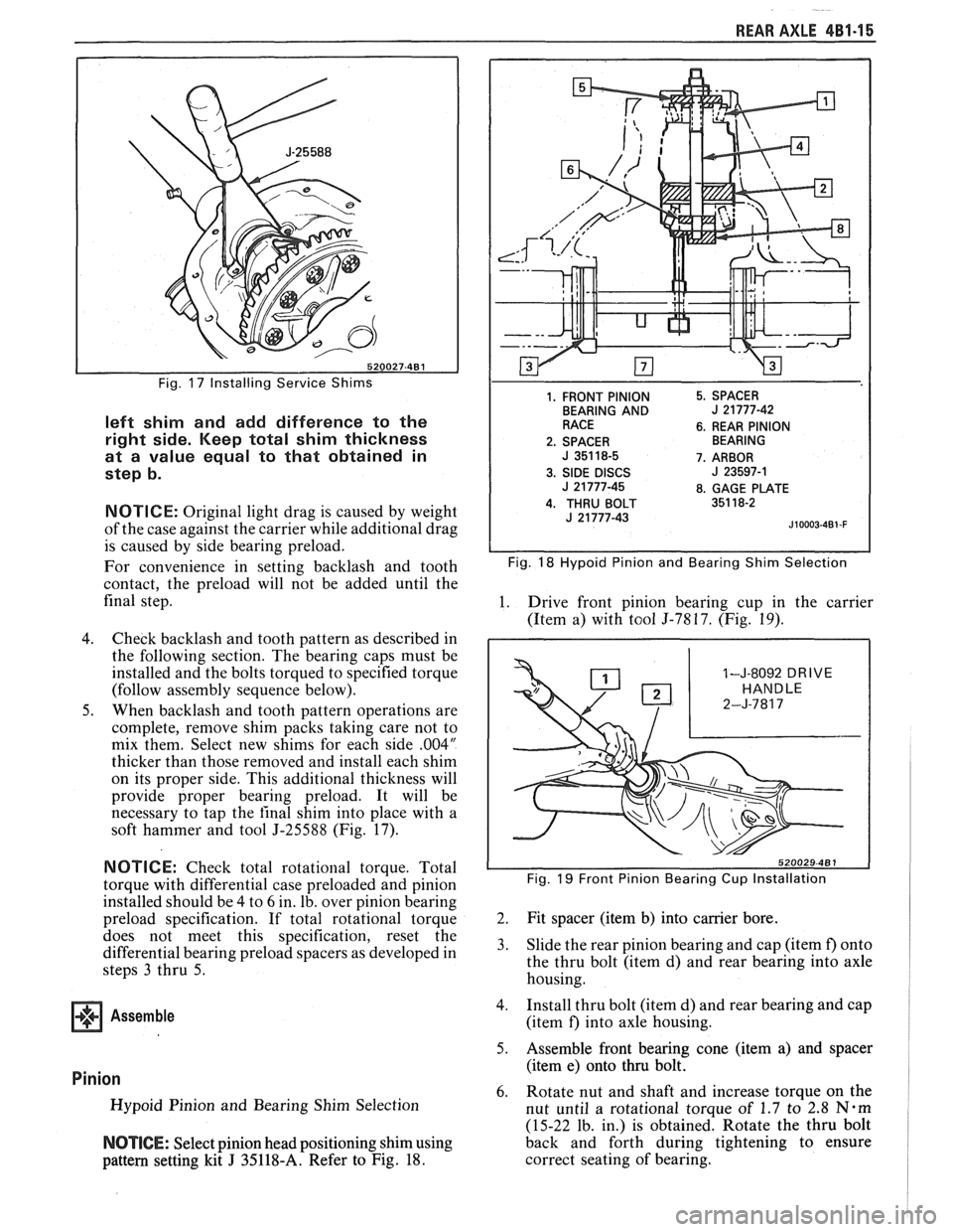 PONTIAC FIERO 1988  Service Repair Manual 
REAR AXLE 481-1 5 
Fig. 17 Installing  Service  Shims 
left shim  and add difference  to the 
right  side. Keep  total shim  thickness 
at  a  value  equal  to that  obtained  in 
step  b. 
NOTICE: O