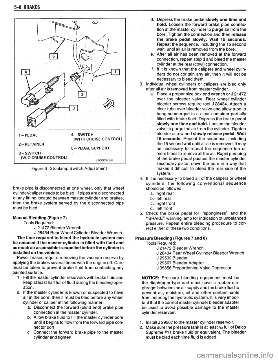 PONTIAC FIERO 1988  Service Repair Manual 
5-8 BRAKES 
1 -PEDAL 4-SWITCH 
(WITH  CRUISE  CONTROL) 
2- RETAINER 
5-PEDAL SUPPORT 
3-SWITCH 
I lWlO CRUISE CONTROLl J10003-5-F 
Figure 6 Stoplamp Switch  Adjustment 
brake pipe  is disconnected  a