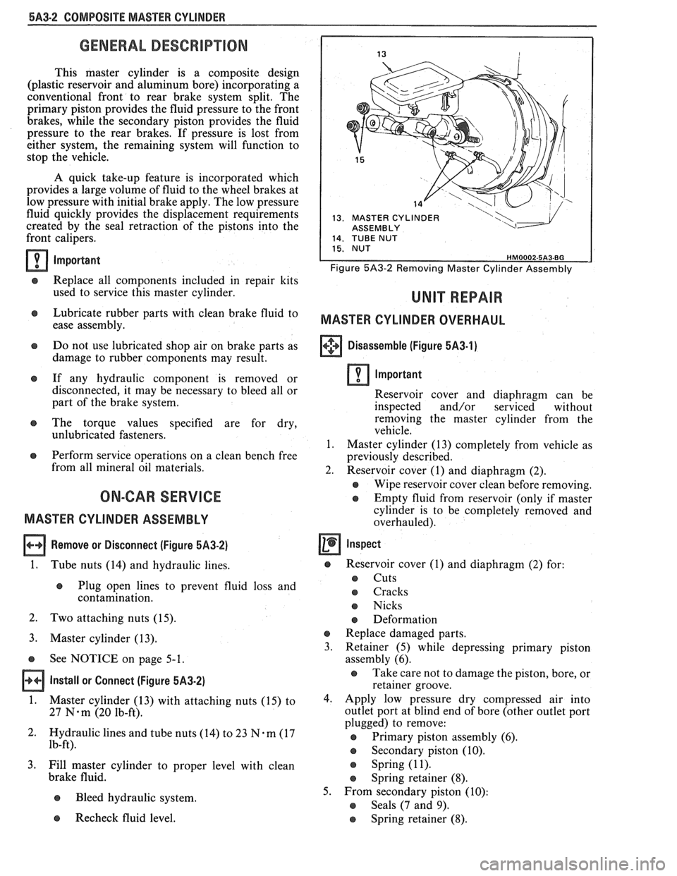 PONTIAC FIERO 1988  Service Repair Manual 
5A3-2 COMPOSlf E MASTER CYLINDER 
GENERAL DESCRIPTION 
This master  cylinder  is a  composite  design 
(plastic reservoir  and aluminum  bore) incorporating 
a 
conventional  front to rear  brake  sy