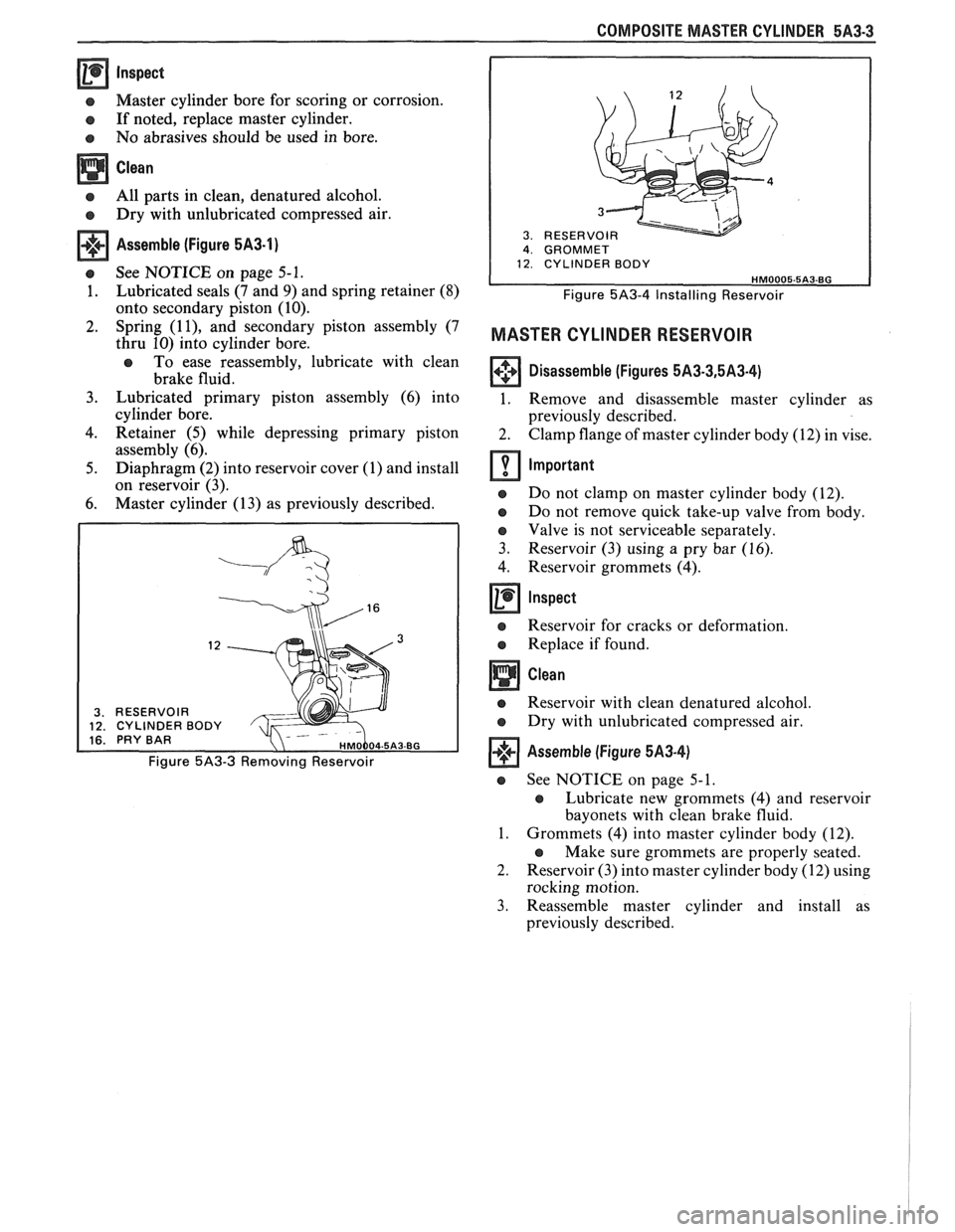 PONTIAC FIERO 1988  Service Repair Manual 
Inspect 
s Master cylinder  bore  for  scoring or corrosion. 
e If  noted,  replace  master cylinder. 
e No abrasives  should be used  in  bore. 
All  parts  in  clean, denatured  alcohol. 
e Dry wit