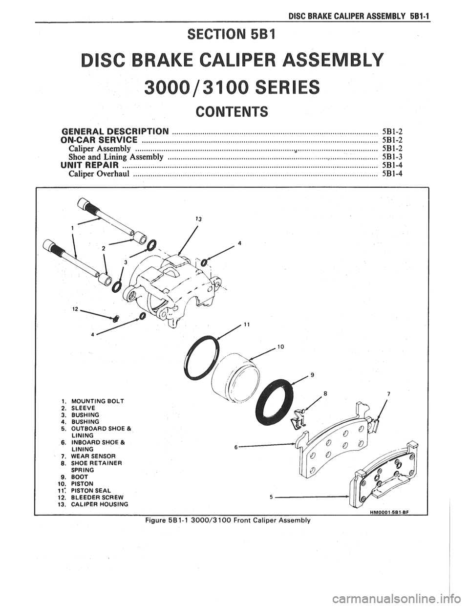 PONTIAC FIERO 1988  Service Repair Manual 
DISC BRAKE CALIPER ASSEMBLY 581.1 
SC BRAKE CAL PER ASSEMBLY 
3100 SER 
CONTENTS 
GENERAL  DESCRIPTION ........................................................................................ 5B1-2 
