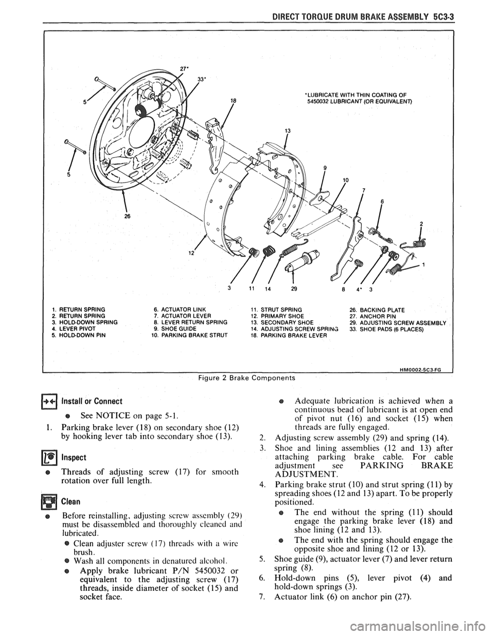 PONTIAC FIERO 1988  Service Repair Manual 
DIRECT TORQUE DRUM BRAKE  ASSEMBLY 5C3-3 
1. RETURN  SPRING 6. ACTUATOR LINK 11. STRUT SPRING 26. BACKING  PLATE 2. RETURN SPRING 7. ACTUATOR  LEVER 12. PRIMARY SHOE 27. ANCHOR PIN 3. HOLD-DOWN  SPRI