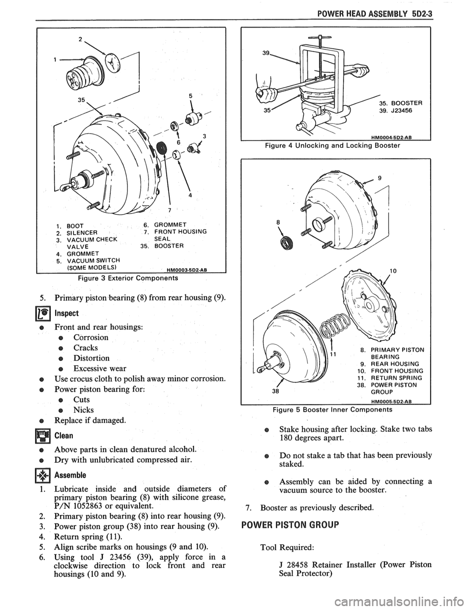 PONTIAC FIERO 1988  Service Repair Manual 
POWER HEAD ASSEMBLY 5D2-3 
1. BOOT 6. GROMMET 2. SILENCER 7. FRONT HOUSING 3. VACUUM CHECK SEAL VALVE 35. BOOSTER 
Figure 3 Exterior Components 
5. Primary piston bearing (8) from  rear housing  (9).