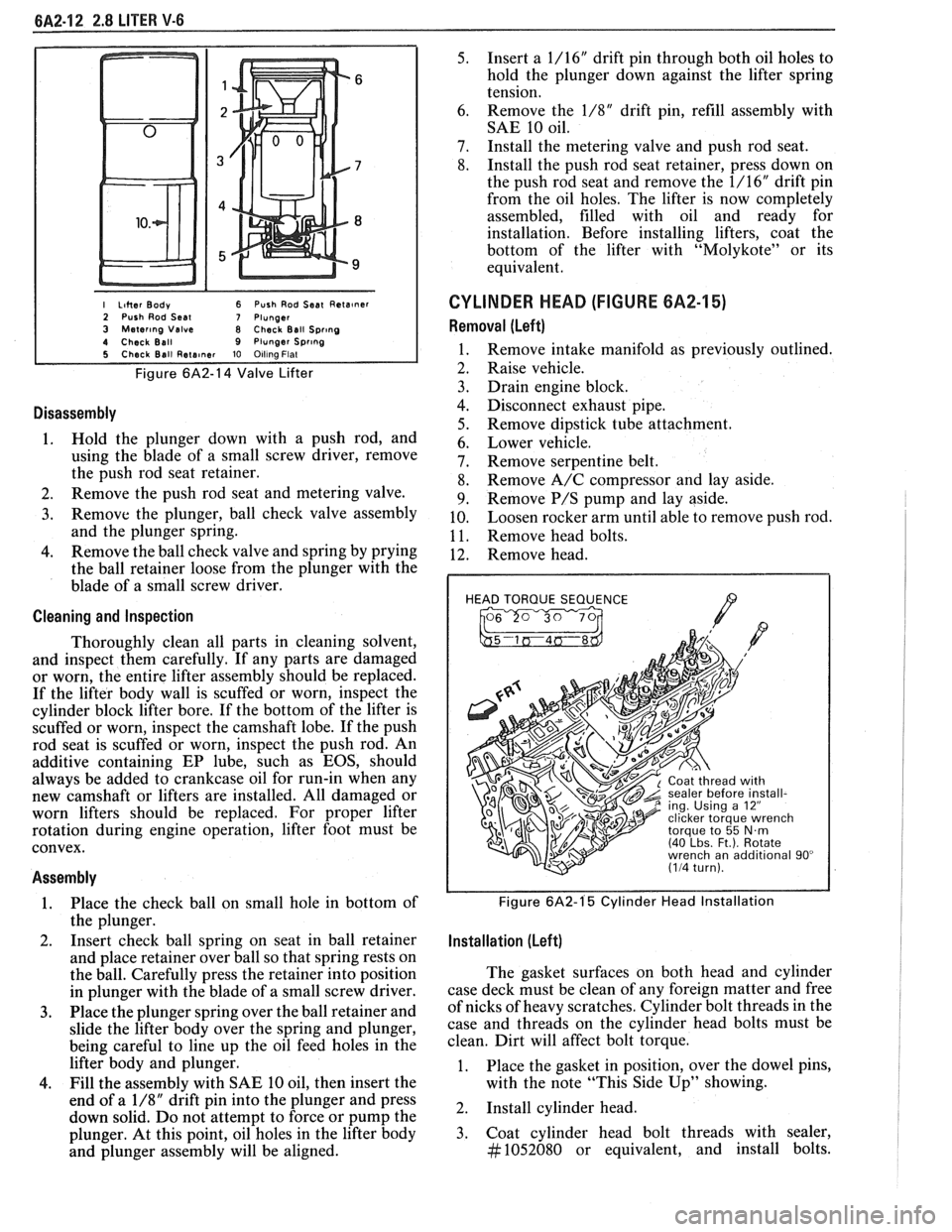 PONTIAC FIERO 1988  Service Repair Manual 
I Liher Body 6 Push Rod Seat Reta~ner 2 Push  Rod Seal 7 Plunger 3 Mater~ng Valve 8 Check  Ball Spr~ng 4 Check  Ball 9 Plunger Spr~ng 5 Check Ball Rete~ner 10 Olllna Flat 
Figure 6A2-14 Valve Lifter 