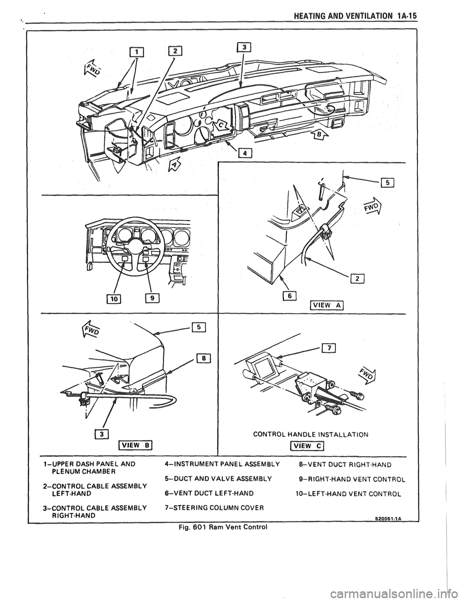 PONTIAC FIERO 1988  Service Repair Manual 
CONTROL HANDLE  INSTALLATION 
1-UPPER  DASH PANEL  AND  4-INSTRUMENT  PANEL ASSEMBLY  8-VENT DUCT RIGHT-HAND 
PLENUM  CHAMBER 
5-DUCT AND VALVE  ASSEMBLY 
9-RIGHT-HAND VENT CONTROL 
2-CONTROL  CABLE 