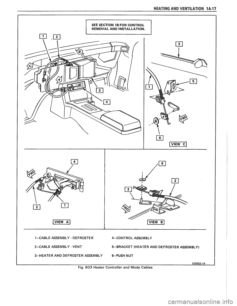 PONTIAC FIERO 1988  Service Repair Manual 
HEATING AND VENTILATION 1A-17 
REMOVAL  AND INSTALLATION. 
1-CABLE  ASSEMBLY - DEFROSTER 
4-CONTRO L ASSEMBLY 
2-CABLE  ASSEMBLY 
- VENT  5-BRACKET  (HEATER 
AND DEFROSTER ASSEMBLY) 
3-HEATER  AND DE