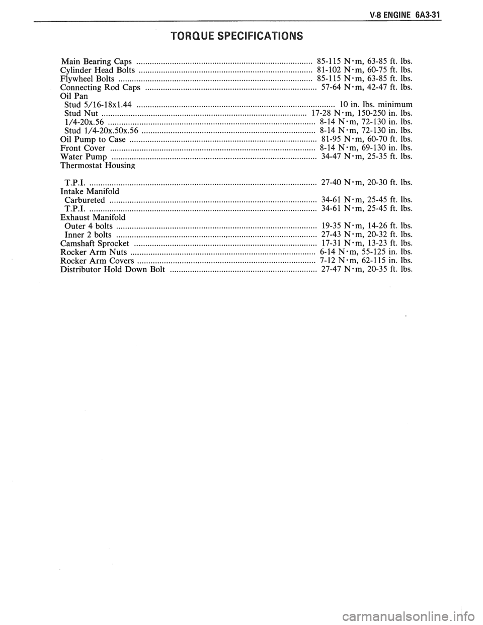 PONTIAC FIERO 1988  Service Repair Manual 
V-8 ENGINE 6A3-31 
TORQUE SPECIFIGAUONS 
Main Bearing  Caps ............................................................................ 85-1 15 N-m, 63-85  ft. lbs. 
Cylinder  Head Bolts 
..........