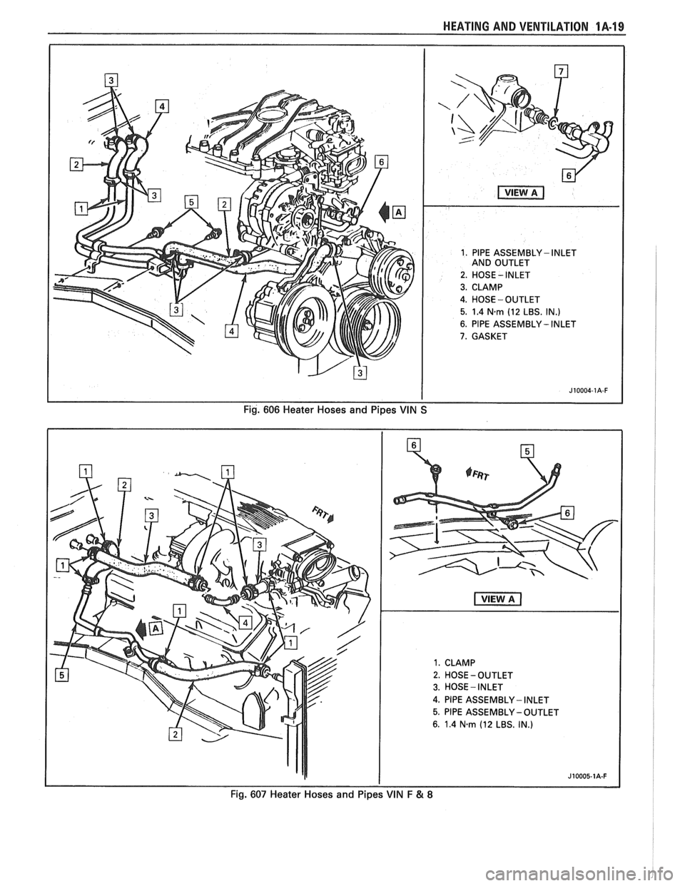 PONTIAC FIERO 1988  Service Repair Manual 
HEATING AND  VENTILATION 1A-19 
1.  PlPE ASSEMBLY - INLET 
AND  OUTLET 
2.  HOSE 
- INLET 
3. CLAMP 
4. HOSE  -OUTLET 
5. 1.4 N.rn (12 LBS. IN.) 
6. PlPE ASSEMBLY - INLET 
7. GASKET 
Fig. 606  Heater