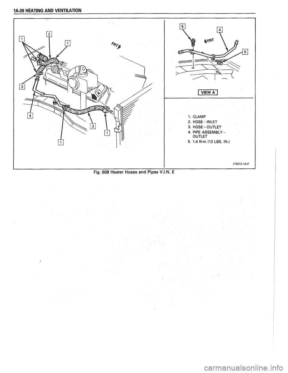 PONTIAC FIERO 1988  Service Repair Manual 
1. CLAMP 
2.  HOSE 
- INLET 
3. HOSE - OUTLET 
4. 
PIPE ASSEMBLY- OUTLET 
5. 1.4 N-rn (12  LBS.  IN.) 
I I Fig. 608 Heater  Hoses and Pipes V.I.N. E   