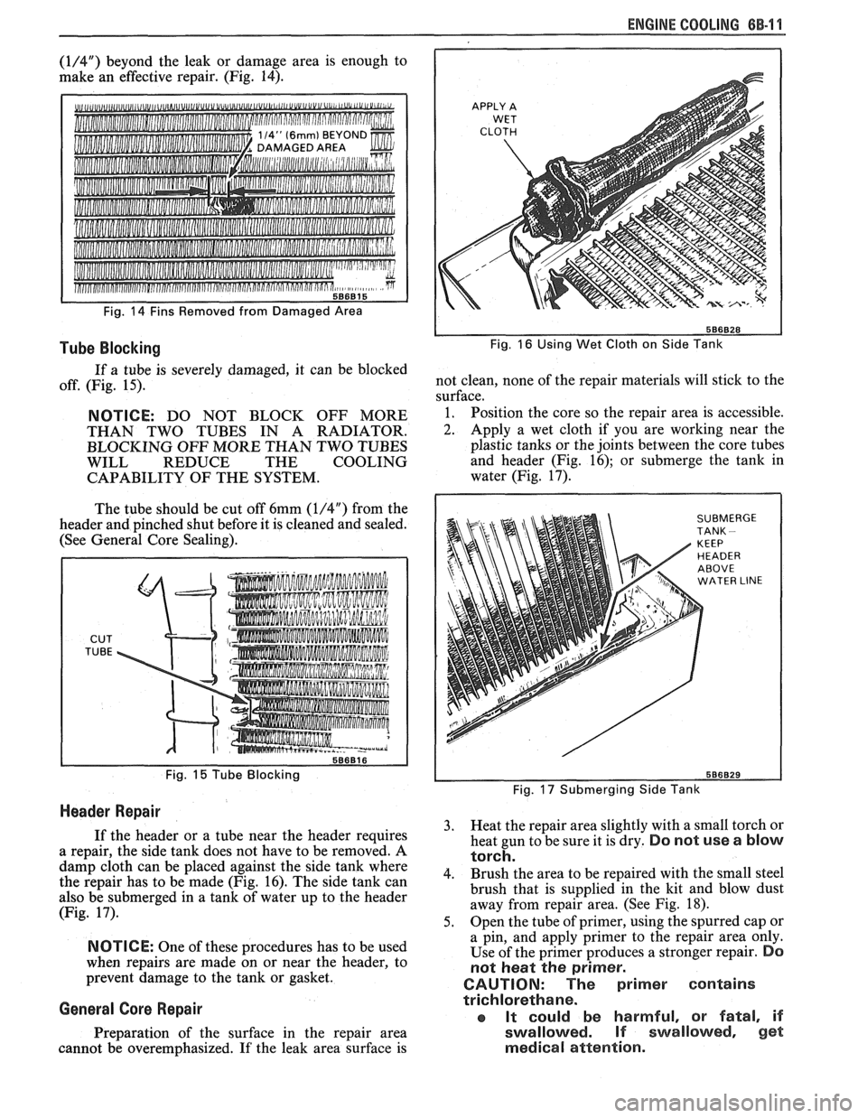 PONTIAC FIERO 1988  Service Repair Manual 
(1/4") beyond the leak  or  damage  area  is enough  to 
make  an effective  repair.  (Fig.  14). 
d""U," 
Fig. 14 Fins Removed  from Damaged  Area 
Tube Blocking 
If  a tube  is  severely  damaged, 