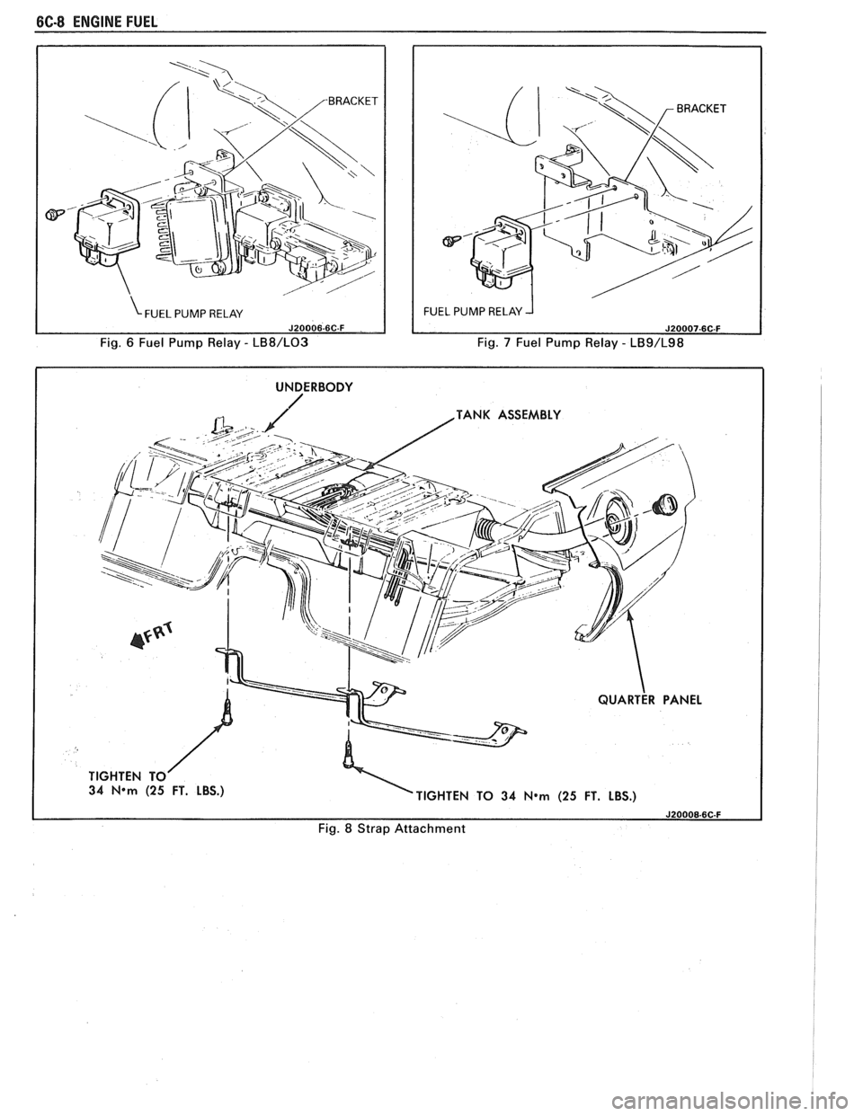 PONTIAC FIERO 1988  Service Repair Manual 
6C-8 ENGINE FUEL 
Fig. 6 Fuel  Pump  Relay - LB8/L03 Fig. 7 Fuel Pump  Relay - LB9/L98 
I UNDERBODY I 
TANK  ASSEMBLY 
34 
N*m (25 FT.  LBS.) 
TIGHTEN TO 34 N*m (25 FT. LBS.) 
Fig.  8  Strap Attachme