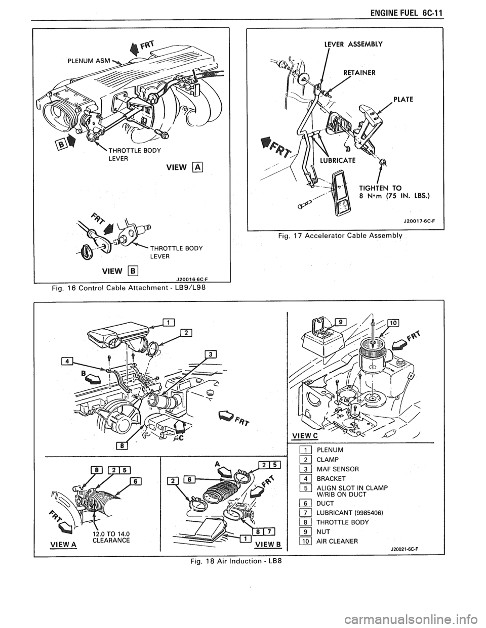 PONTIAC FIERO 1988  Service Repair Manual 
ENGINE FUEL 6C-11 
LEVER 
VlEW 
THROTTLE BODY 
LEVER 
VlEW kl 
Fig. 16 Control Cable Attachment - LB9/L98 
LEVER  ASSEMBLY 
Fig. 17 Accelerator  Cable Assembly 
Fig. 
18 Air  Induction - LB8   