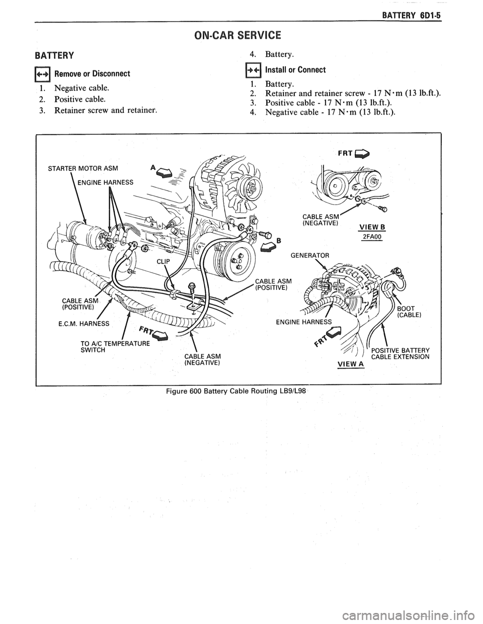 PONTIAC FIERO 1988  Service Repair Manual 
BATTERY 6D1-5 
ON-CAR SERVICE 
BATTERY 
Remove or Disconnect 
1.  Negative  cable. 
2. Positive cable. 
3.  Retainer  screw and retainer. 
4. Battery. 
Install  or Connect 
1.  Battery. 
2. Retainer 