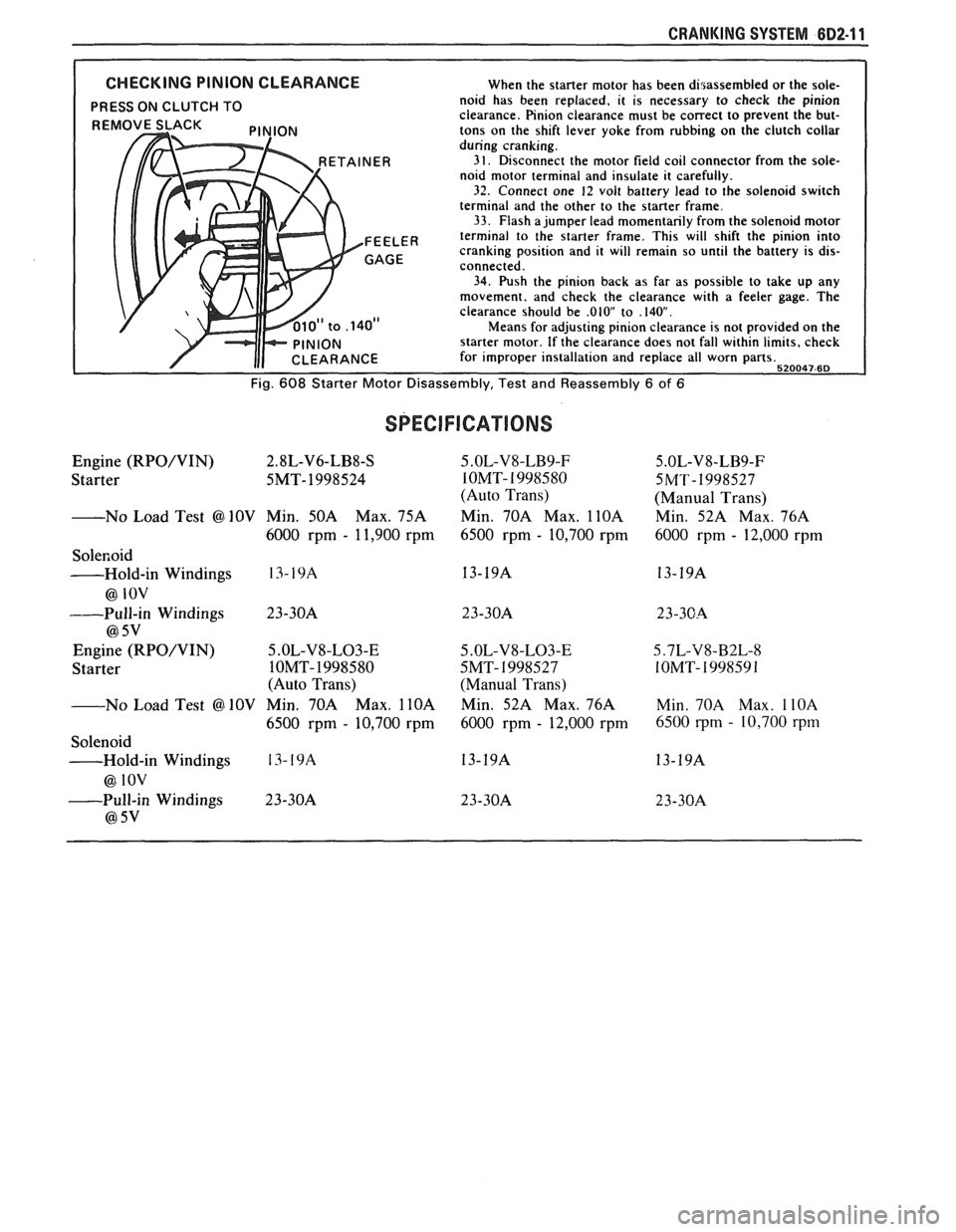 PONTIAC FIERO 1988  Service Repair Manual 
CRANKING SYSTEM BD2-11 
CHECKING PINION CLEARANCE When the starter motor has  been disassembled  or the sole- 
PRESS ON CLUTCH TO noid has  been  replaced,  it  is necessary  to check  the pinion 
cl