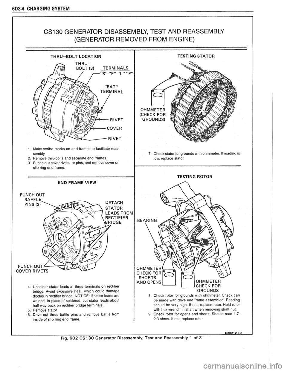 PONTIAC FIERO 1988  Service Repair Manual 
6D3-4 CHARGING SYSTEM 
CS130 GENERATOR DISASSEMBLY,  TEST AND REASSEMBLY 
(GENERATOR  REMOVED FROM ENGINE) 
THRU-BOLT  LOCATION  TESTING  STATOR 
BOLT (3)  TERMINALS IdS## tdFI# llLll Idpd 
1.  Make 