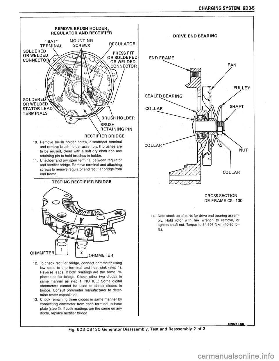 PONTIAC FIERO 1988  Service Repair Manual 
CHARGING SYSTEM 6D3-5 
REMOVE BRUSH HOLDER, 
REGULATOR  AND RECTIFIER 
"BAT"  MOUNTING 
TERMINAL SCREWS VEGULATOR I 
RECTI~IER BRIDGE I 
10.  Remove  brush  holder  screw, disconnect  terminal 
and  