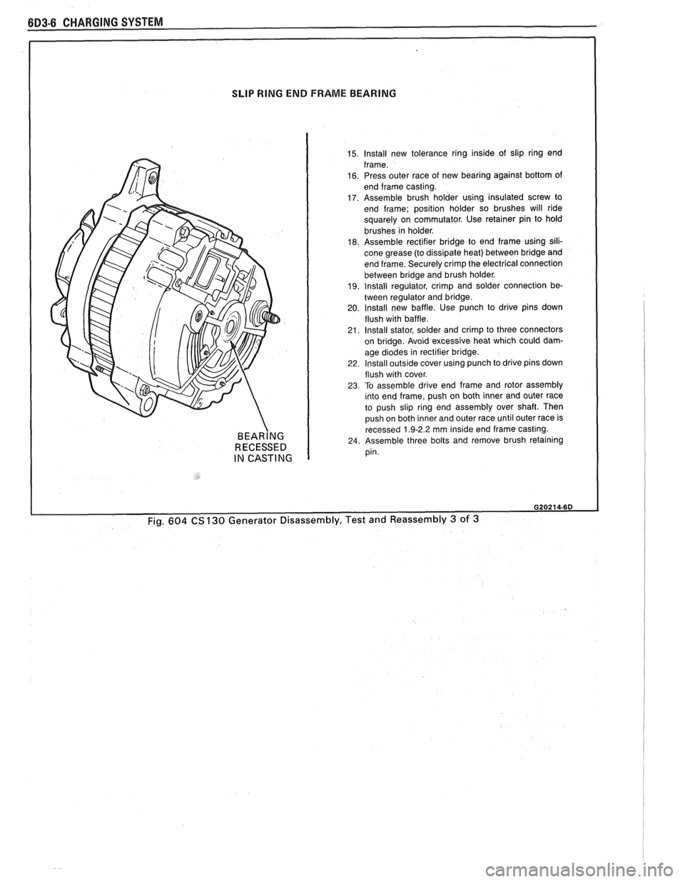 PONTIAC FIERO 1988  Service Repair Manual 
SLIP RING END FRAME  BEARING 
BEAR~NG RECESSED 
IN CASTING 
15. lnstall new tolerance  ring inside  of slip  ring  end 
frame. 
16. Press outer  race  of new  bearing against  bottom  of 
end frame c