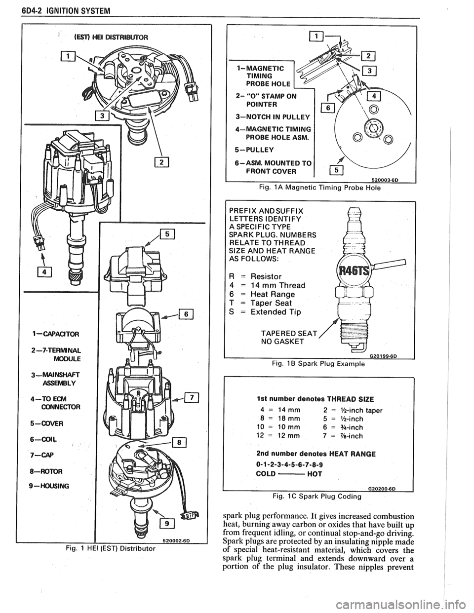 PONTIAC FIERO 1988  Service Repair Manual 
604-2 IGNITION SYSTEM 
1-wACITm 
2-7-TERNUNAL 
ASSUVlBLY 
4-TO Em 
CONNECTOR 
5-ODVER 
8-WOMR 
9- ING 
Fig. 1 HE1 (EST) Distributor 
2- "0" STAMP O 
3-NOTCH IN PULLEY 
4-MAGNETIC 
TIMING 
PROBE  HOLE