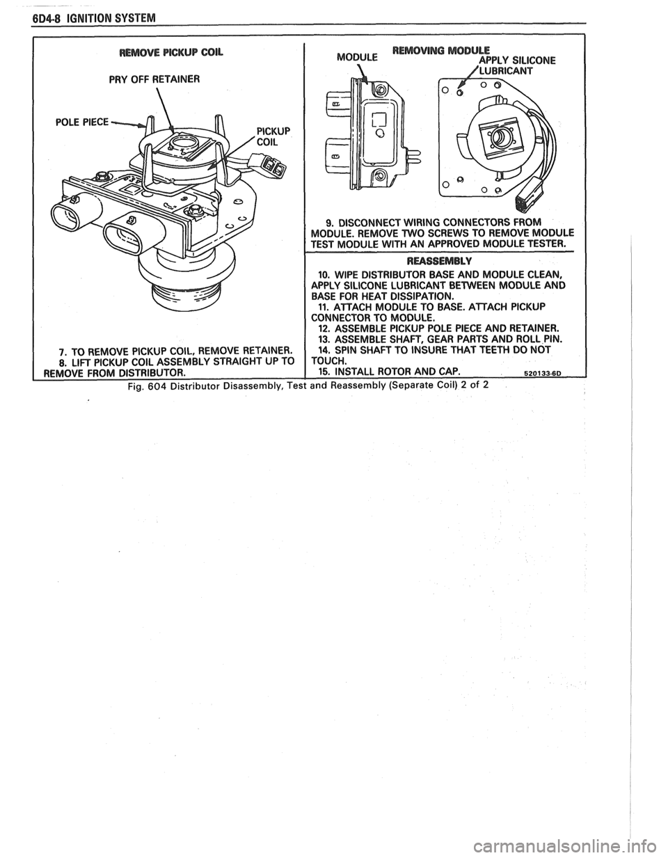 PONTIAC FIERO 1988  Service Repair Manual 
REMOVE PICKUP COIL 
PRY OFF RETAINER 
10. WIPE DISTRIBUTOR  BASE AND MODULE  CLEAN, 
APPLY  SILICONE  LUBRICANT BETWEEN  MODULE AND 
BASE  FOR  HEAT DISSIPATION. 
11. ATTACH MODULE  TO BASE.  ATTACH 