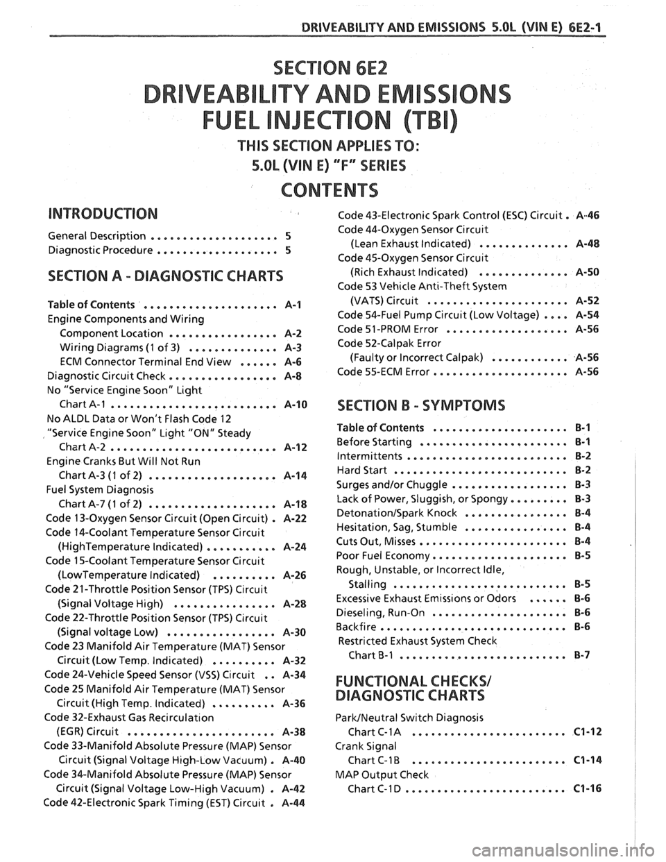 PONTIAC FIERO 1988  Service Repair Manual 
SECTION 6E2 
TY AND EM 
THIS SECTION APPLIES TO: 
5.OL (VIN E) ""FYSERIES 
CONTENTS 
General Description .................... 5 
Diagnostic  Procedure ................... 5 
SECTION A . DIAGNOSIIC CH