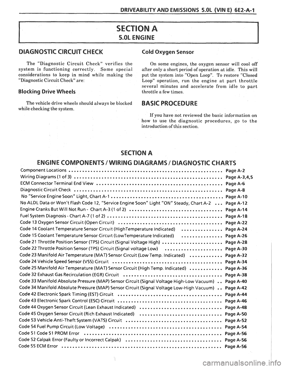 PONTIAC FIERO 1988  Service Repair Manual 
DRIVEABILITY AND EMISSIONS S.OL (VIN E) 6EZ-A-1 
5.OL ENGINE 
DIAGNOS"FC CIRCUIT  CHECK Cold Oxygen  Sensor 
The "Diagnostic  Circuit Check"  verifies  the  On some  engines.  the oxygen  sensor will