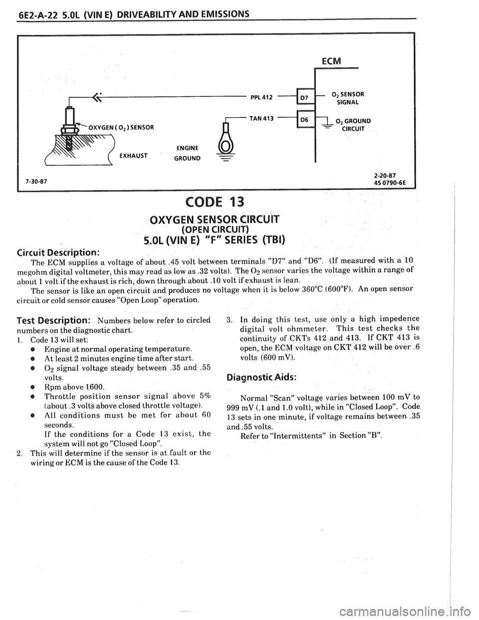 PONTIAC FIERO 1988  Service Repair Manual 
OXYGEN ( 0,) SENSOR GROUND 
- 
CODE 13 
OXYGEN SENSOR CIRCUIT 
(OPEN CIRCUIT) 
5.OL (VIN E) ""FYERIES (TBI) 
Circuit Description: 
The ECM  supplies a voltage  of about .45  volt between  terminals "