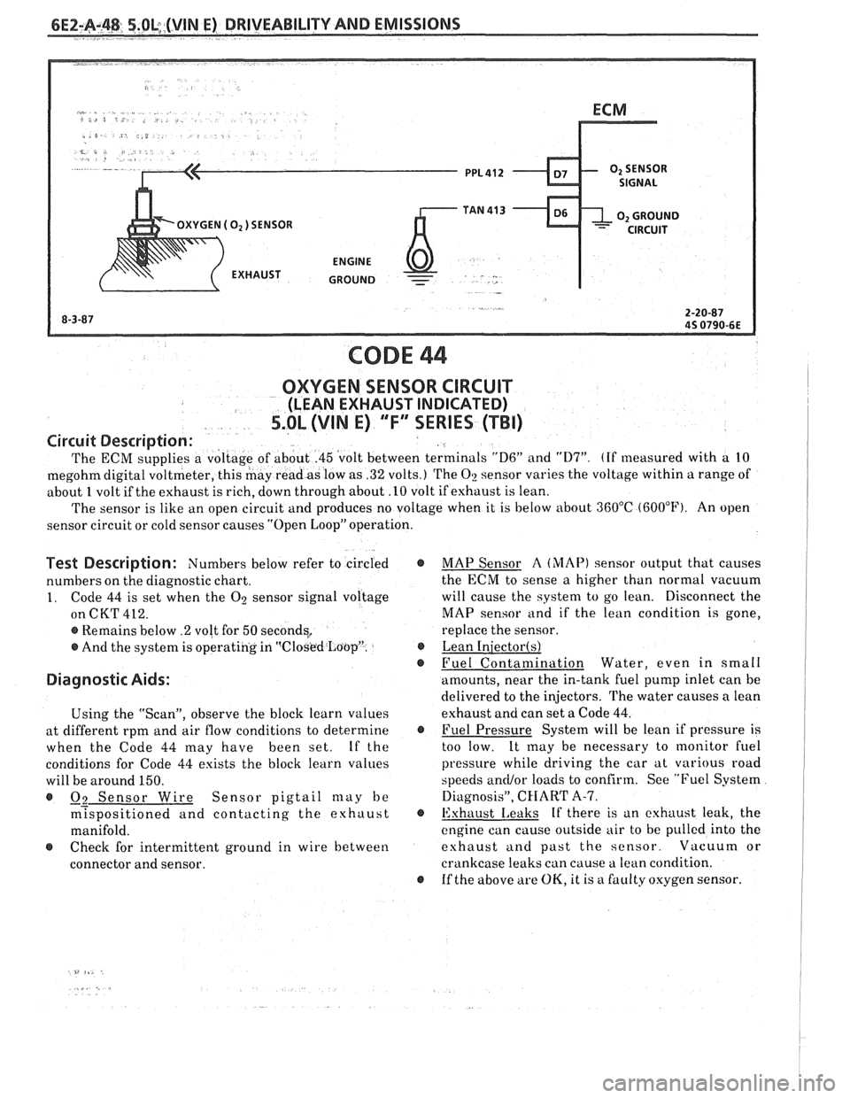 PONTIAC FIERO 1988  Service Repair Manual 
6E2-A-48 5.OL, (VIN E) DRIVEABILITY AND f MISSIONS 
CODE 44 
OXYGEN SENSOR CIRCUIT 
(LEAN EXHAUST INDICATED) 
5.OL (VIN E) "F" SERIES (TBI) 
Circuit Description: 
The ECM  supplies a  voltage of abou