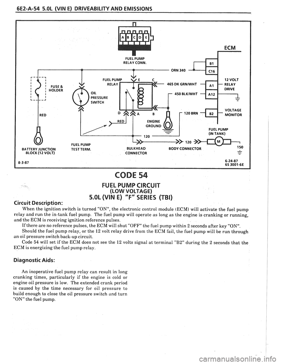 PONTIAC FIERO 1988  Service Repair Manual 
6E2-A-54 5.OL (VIN E) DRIVEABILITY AND EMISSIONS 
465 DK GRNMlHT 
450 BLWHT 
FUEL PUMP BATTERY  JUNCTION  TEST TERM.  BULKHEAD BODY CONNECTOR 
BLOCK (12 VOLT)  CONNECTOR 
CODE 54 
FUEL PUMP CIRCUIT 
