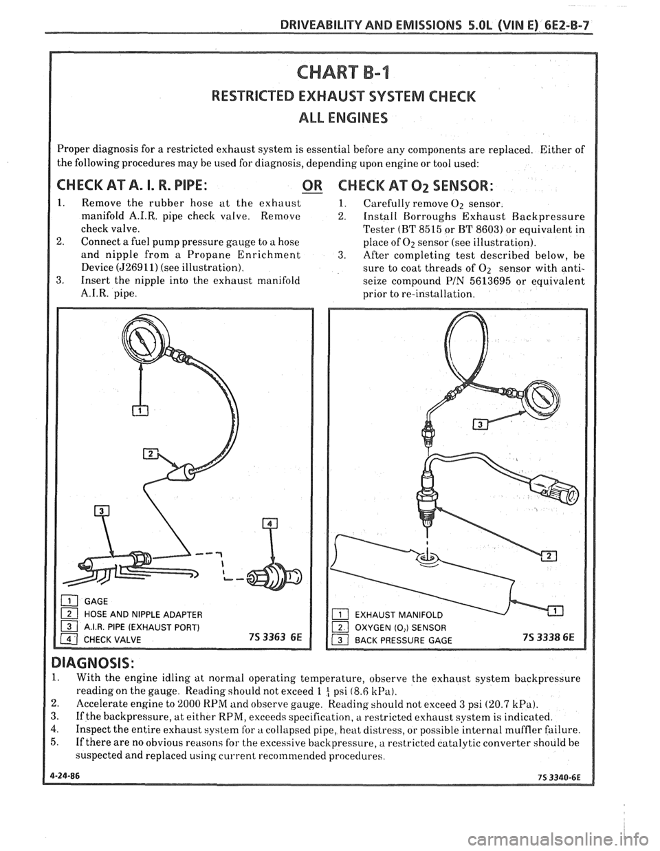PONTIAC FIERO 1988  Service Repair Manual 
DRIVEABILITY AND EMISSIONS 5.OL (VIN E) 6EZ-B-7 
RESTRICTED EXHAUST SYSTEM CHECK 
ALL ENGINES 
Proper diagnosis for  a restricted exhaust system is essential  before any components  are replaced.  Ei