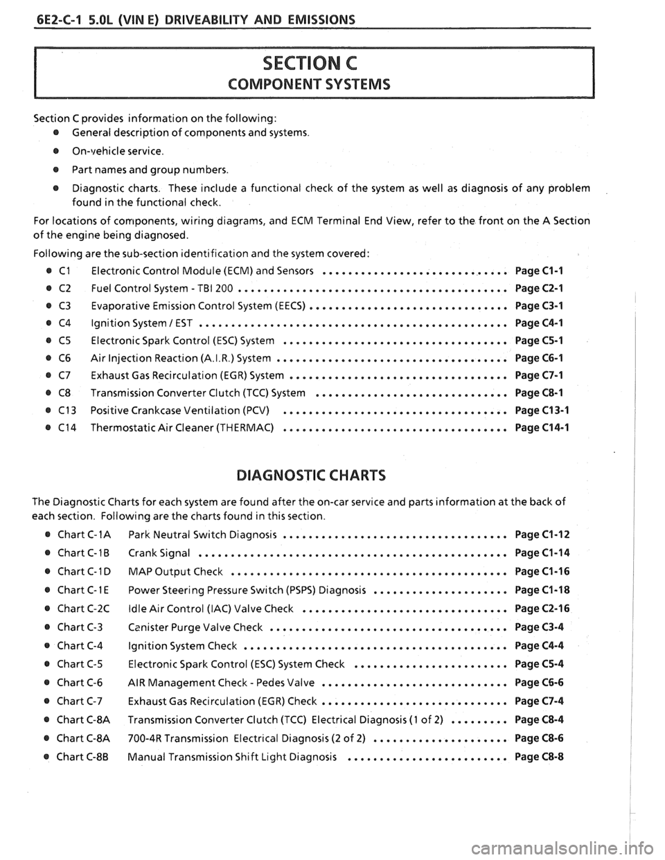 PONTIAC FIERO 1988  Service Repair Manual 
6EZ-C-1 5.OL (VIN E) DRIVEABILITY AND EMISSIONS 
Section C provides information  on the  following: 
@ General  description  of components  and systems. 
@ On-vehicle service. 
@ Part  names  and gro