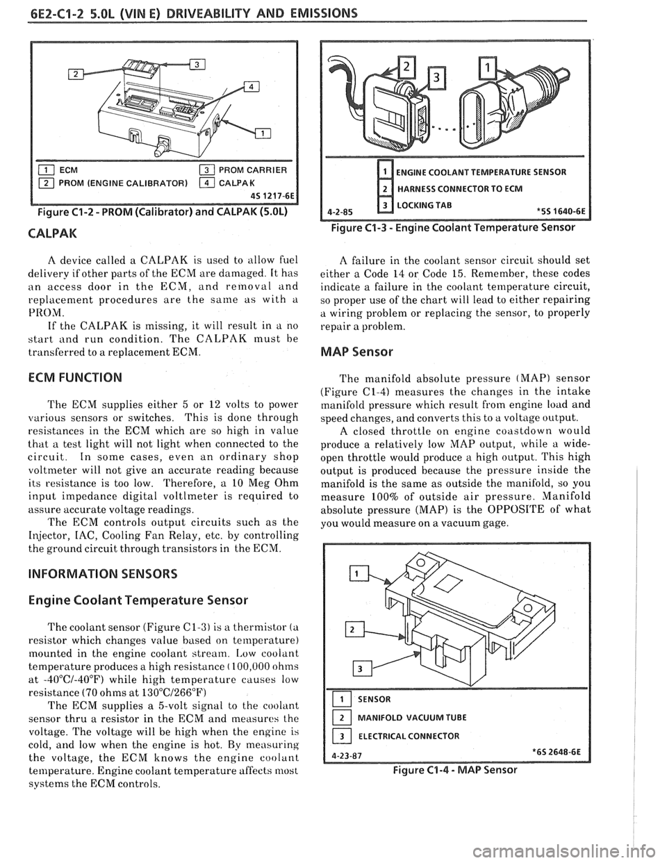 PONTIAC FIERO 1988  Service Repair Manual 
6EZ-C1-2 5.OL (VIN E) DRIVEABILITY AND EMISSIONS 
PROM CARRIER 
PROM  (ENGINE  CALIBRATOR) 
Figure C1-2 - PROM (Calibrator)  and CALPAK (5.OL) 
CALPAK 
ENGINE  COOLANT  TEMPERATURE  SENSOR 
HARNESS  