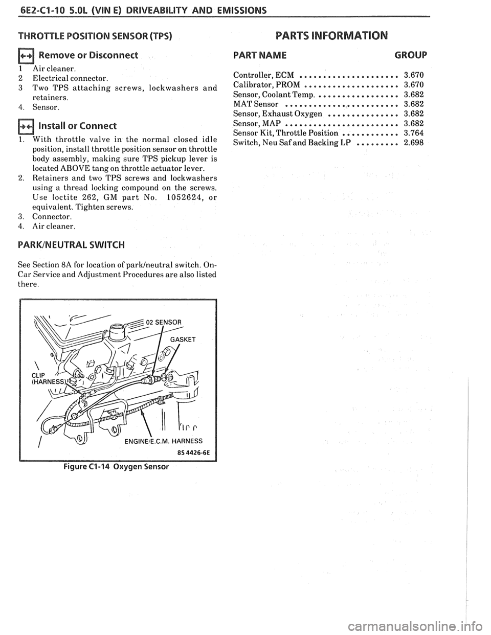 PONTIAC FIERO 1988  Service Repair Manual 
6EZ-Cl-10 5.OL (VIN El DRIVEABILITY AND EMISSIONS 
THROTTLE POSIT ION SENSOR (TPS) 
n Remove or Disconnect 
1 Air cleaner. 
2  Electrical connector. 
3 Two  TPS attaching  screws, lockwashers  and 
r